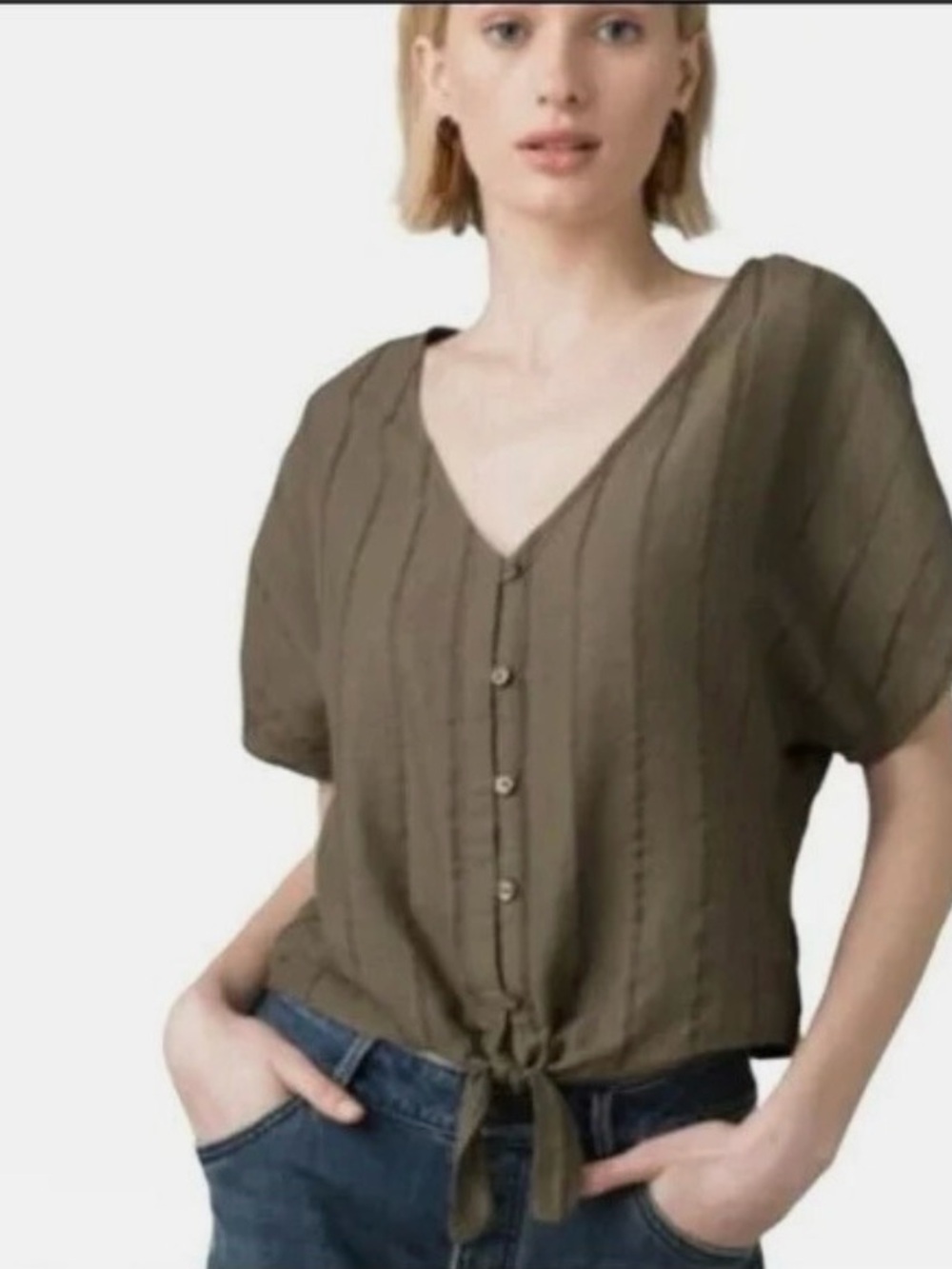 Prana Summer Fun Olive Short-Sleeve Button V-Neck Tie-Front Top